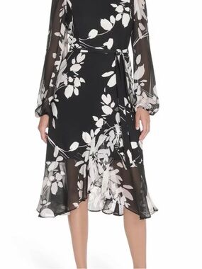 Tommy Hilfiger Black and White Floral Tie-Waist Midi Dress